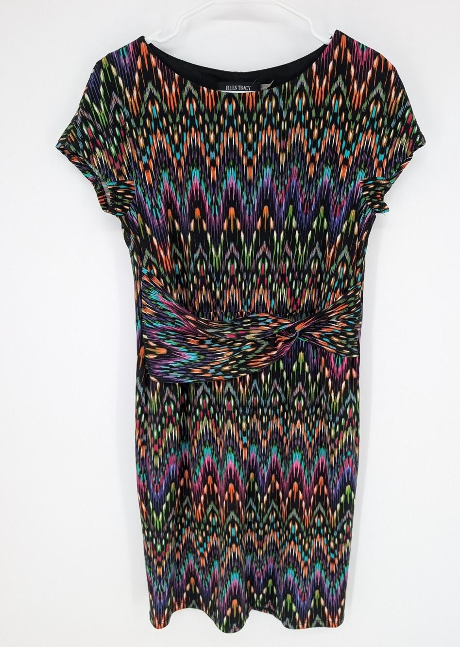 Ellen Tracy Dress 6P Geometric Multicolor Print Sheath Abstract Twist Boho